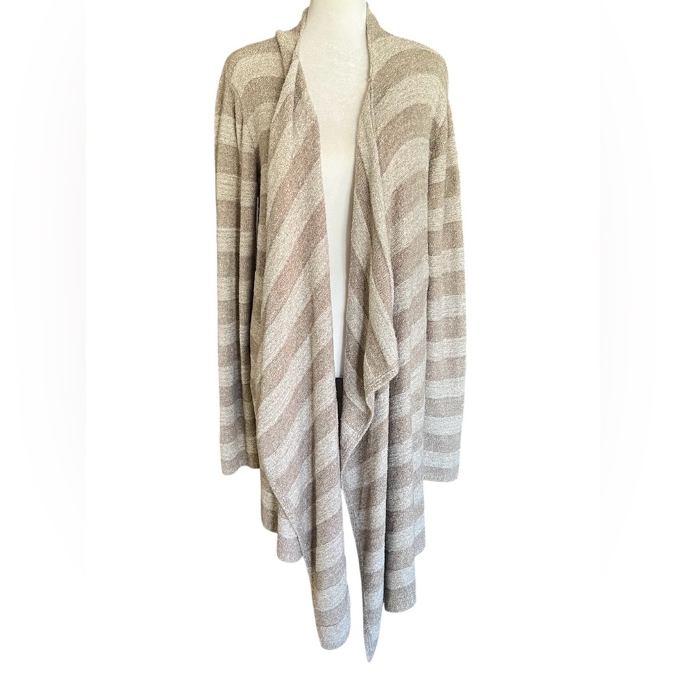 BAREFOOT DREAMS Bamboo Chic Lite Tan Striped Open Front L/XL Luxury Cardigan